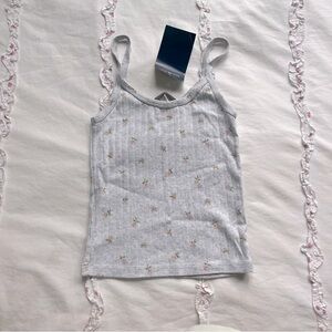 Gray pink flower stretchy ribbed tank